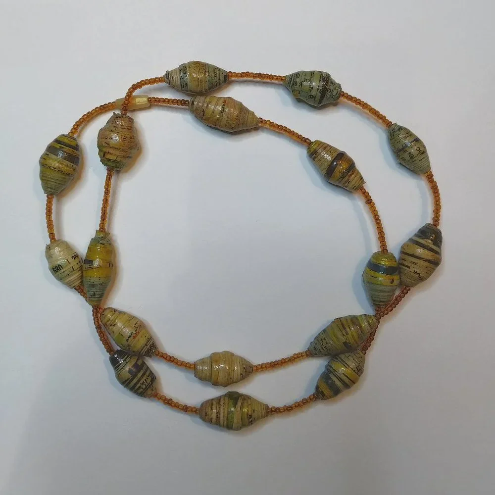 African rolled paper and glass bead necklace 29 inches browns and amber color
